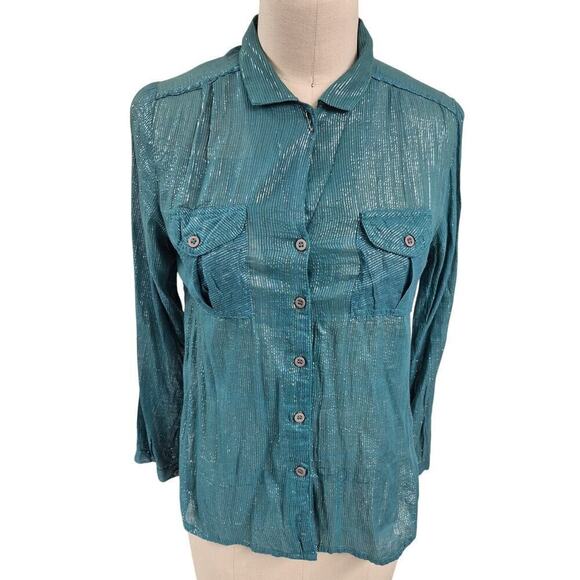 vtg 1970s Green Button Down Cotton Gauze Shirt Metallic Silver Thread Sz S - Picture 1 of 5